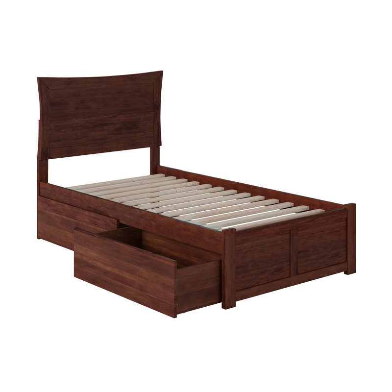 Lit plateforme en bois massif avec pied de lit et tiroirs de rangement Daury, Noyer