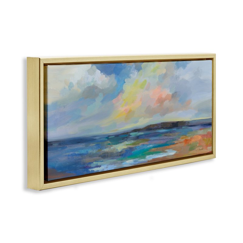 «Ocean Beach Sunset Floater» par Silvia Vassileva, Cadre flottant métallique doré, H 11 po x l 25 po