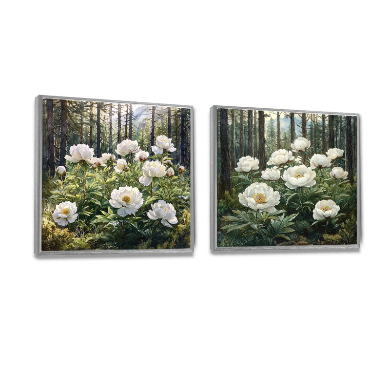 Pivoines dans la forêt alpine III - art mural pivoines - ensemble de 2 décorations murales traditionnelles, Cadre flottant