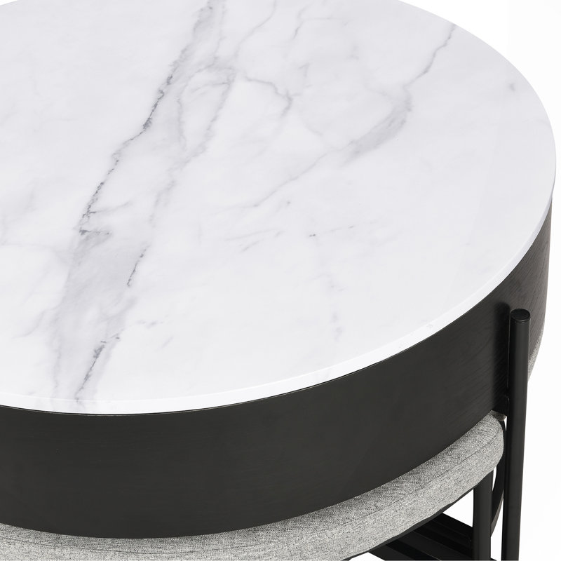 Table basse moderne à plateau relevable avec rangement et 3 repose-pieds blanc et noir