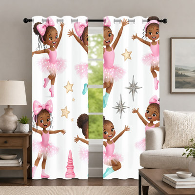 2Pcs Ballerina Dancer Curtains, Cute Tutu Cartoon Style Drapes, Vibrant Little Girl Pattern Print Art Grommet Panels, Window Treatment for Bedroom Living Room Decor