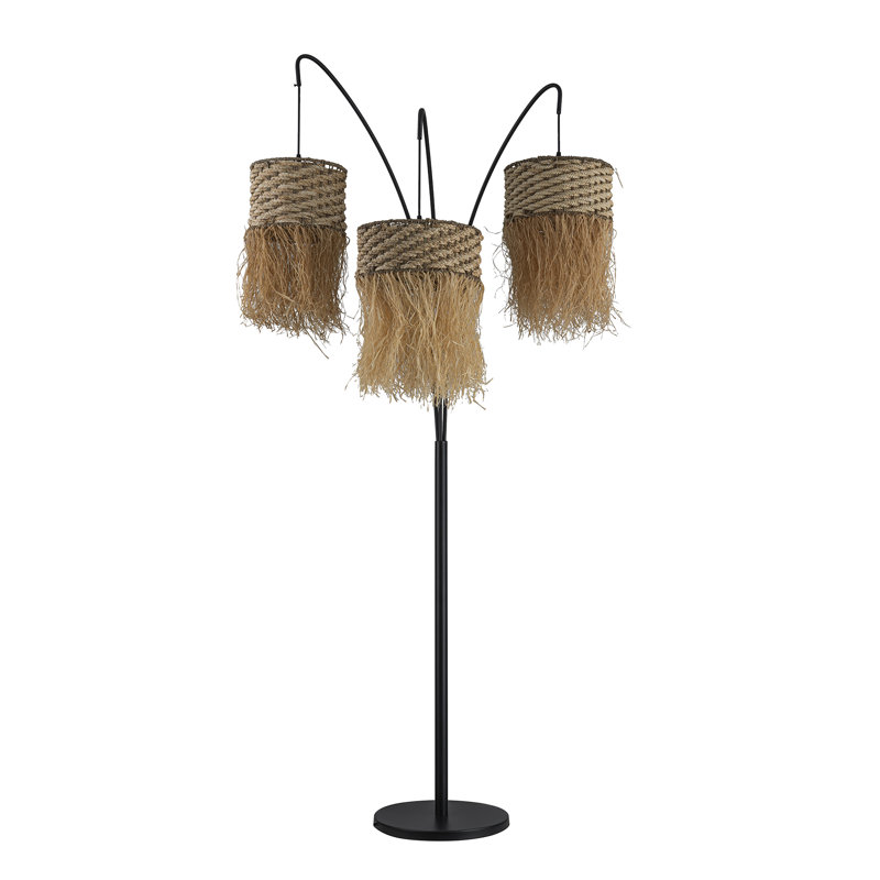 Amber 72-Inch 3-Light Rattan and Raffia Arc Floor Lamp