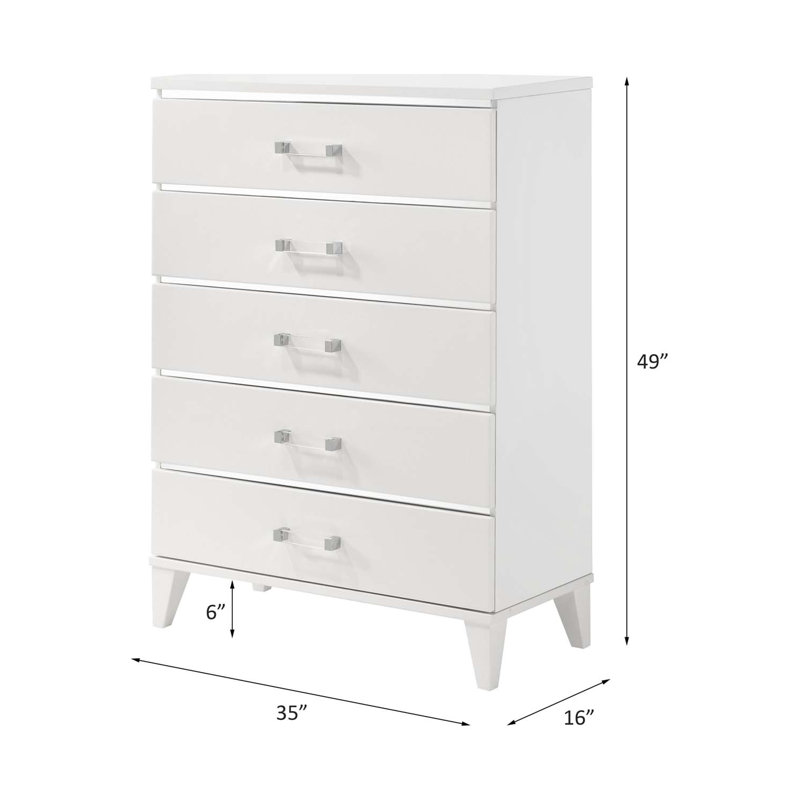 Commode 5 tiroirs Chelsie, finition blanche, Blanc