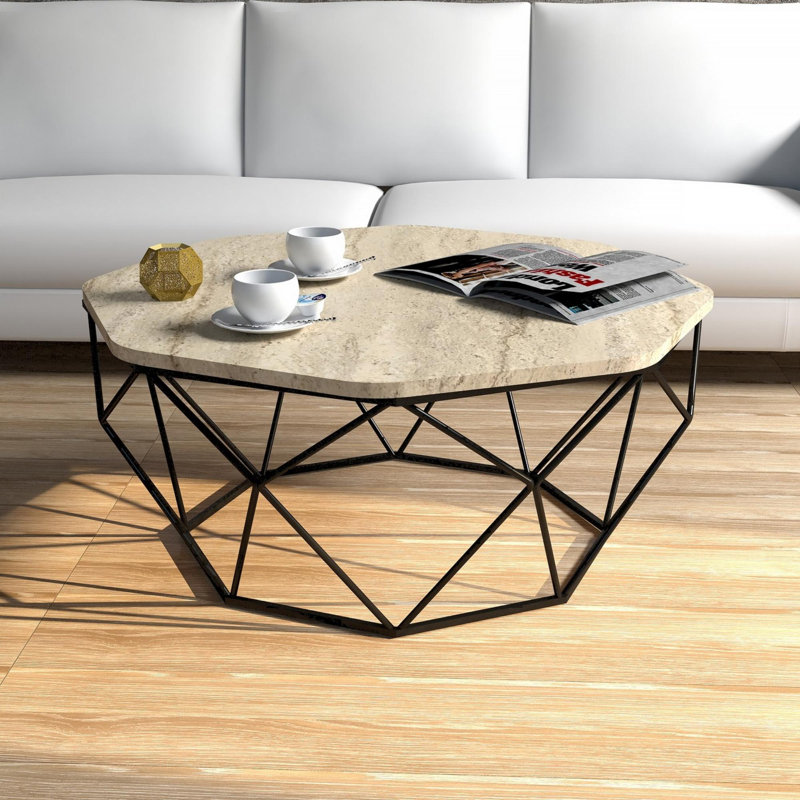 Modern Coffee Table with Metal Legs, Travertine Color, 35.4 x 15.0 x 35.4 inches | 100% Melamine Coated Particle Board, Thickness: 0.7 inches | Stylish Marble Design, Perfect for Living Room or Lounge Spaces