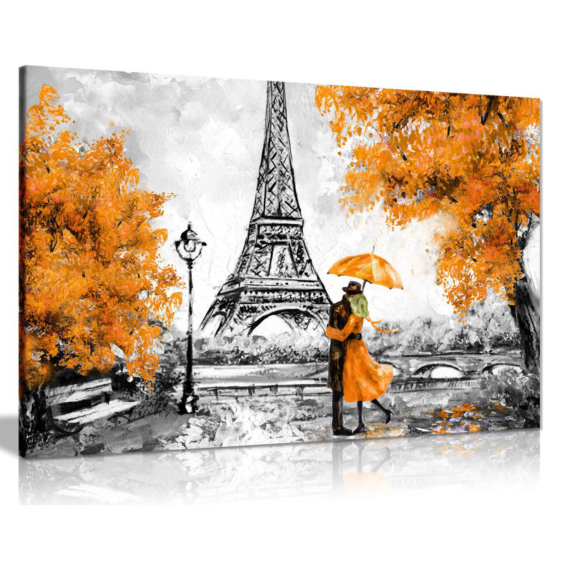 Paris Oil Painting Reproduction Eiffel Tower - Wrapped Canvas Print, 41cm H x 61cm W, Orange