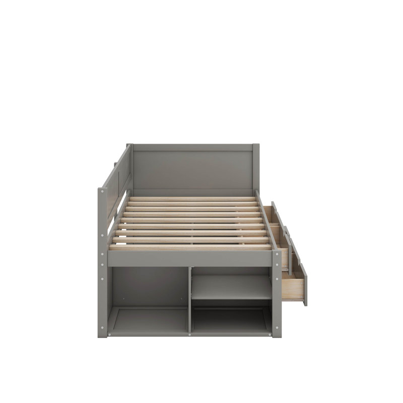 Lit de jour simple avec tiroirs et tablettes, Gris, Lit simple
