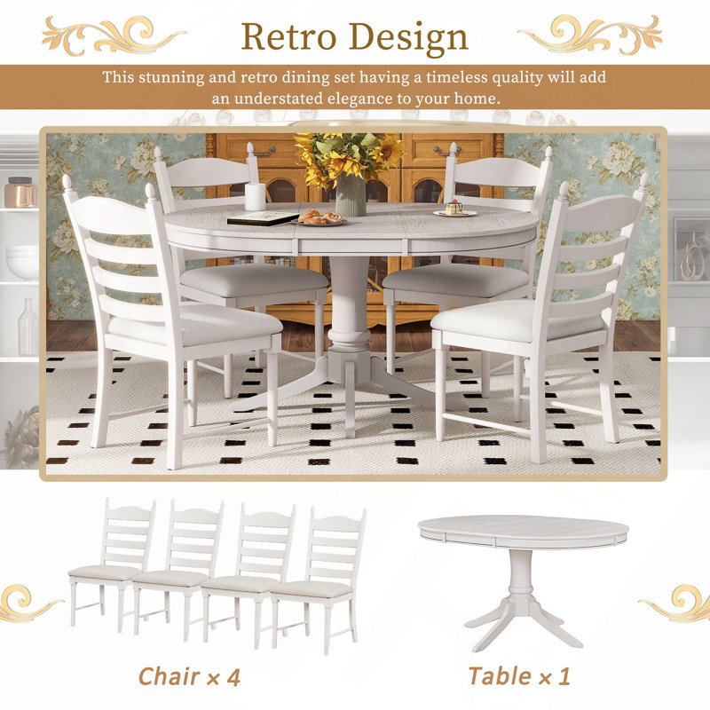 Ensemble de table de salle à manger 5 pièces Retro, H 30 po x l 42 po x P 42 po, Antique White, Blanc antique, Antique White