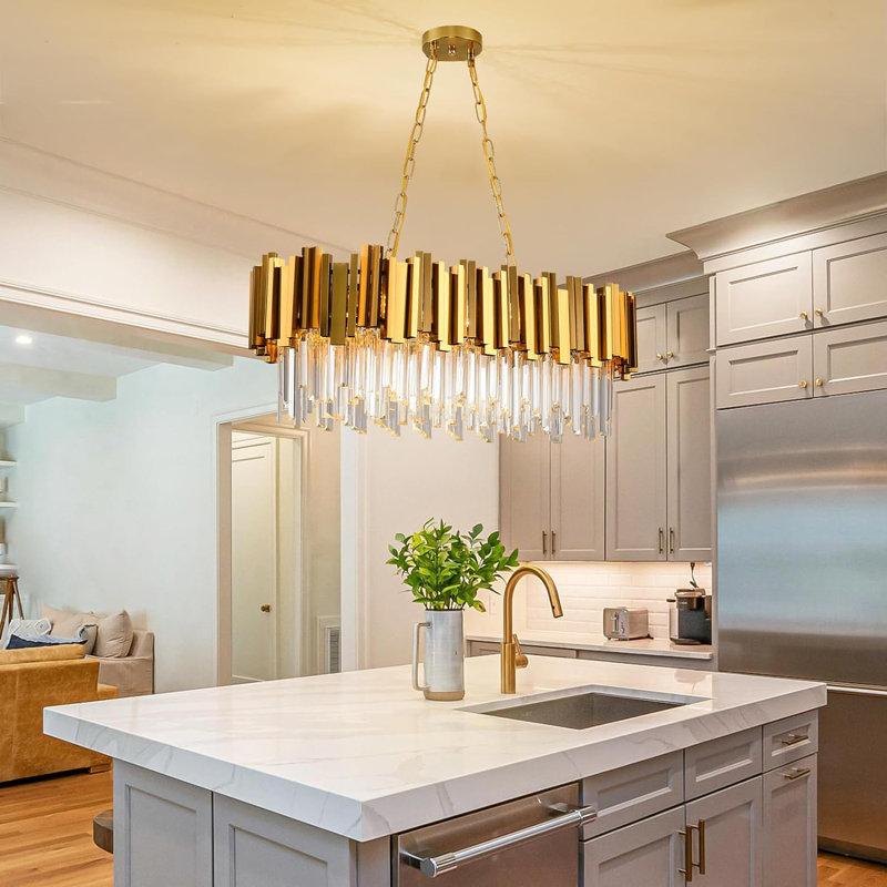 32" Modern Gold Crystal Island Chandelier, E12 Base, No Bulb Included, for Kitchen Island Dining Living Room
