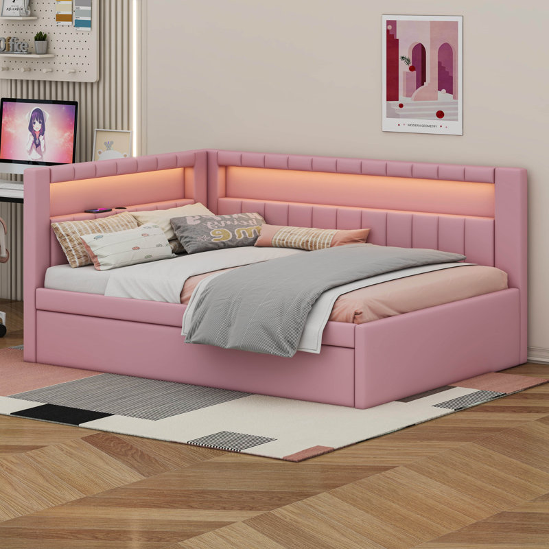 L-Shaped Daybed With USB Ports And 2 Storage Drawers, Full / Double, Pink