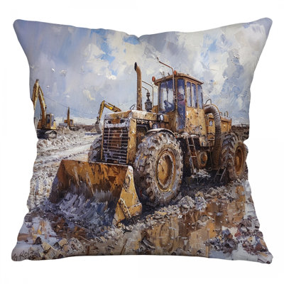 Bulldozer Construction Microsuede Reversible Throw Pillow