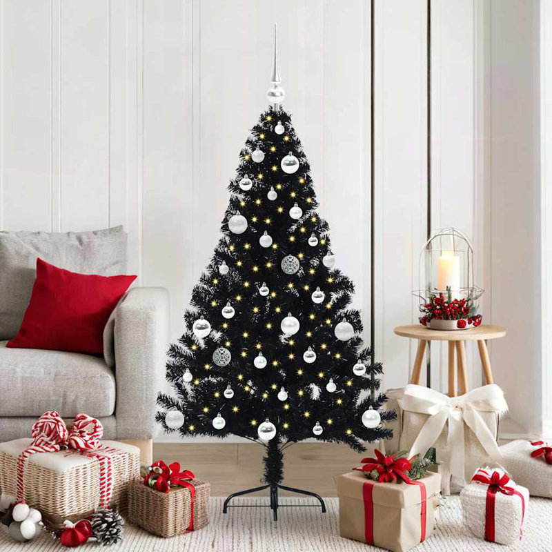 4.92' H Lighted Artificial Christmas Tree, Black, 150 cm, with 61 Silver Balls