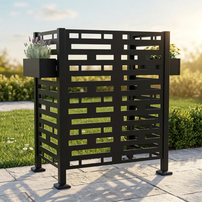 Metal Privacy Screen Featuring Planter Boxes for Outdoor AC Unit Concealment, Dimensions 3 Feet by 3 Feet, Freestanding Design Also Suitable for Hiding Trash Cans