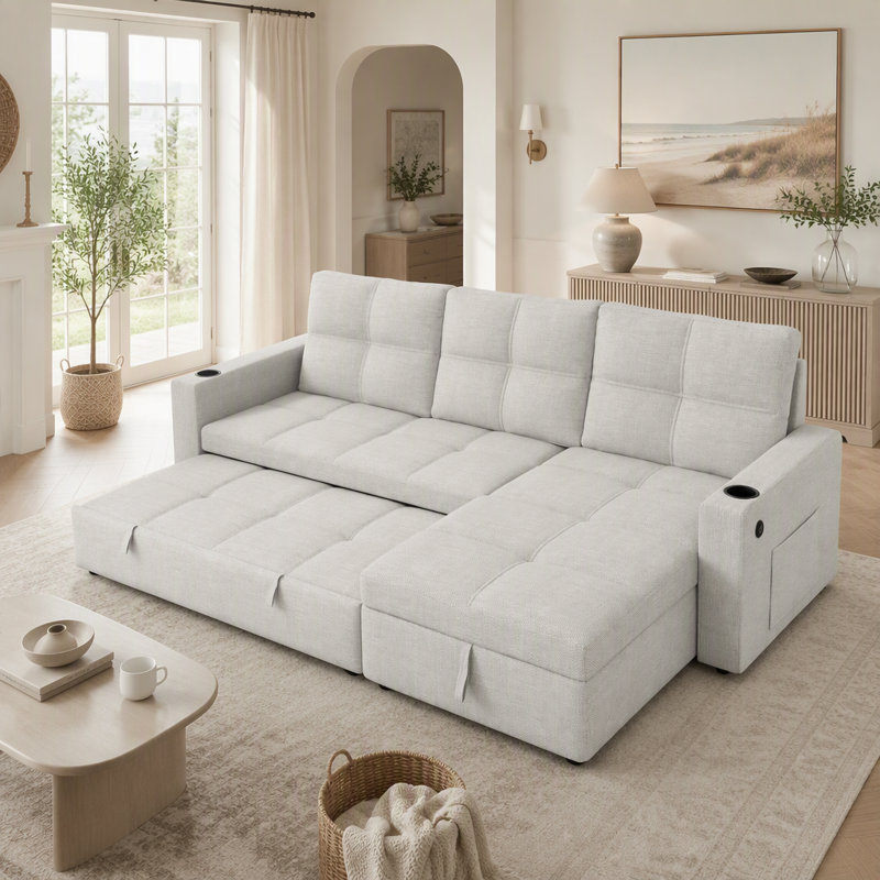 Canapé-lit convertible en tissu, canapé-lit modulaire escamotable avec charge USB et porte-gobelets, canapé-lit en forme de L avec rangement pour le salon (beige)