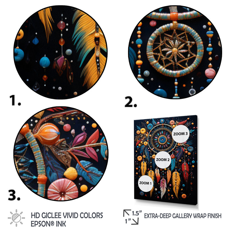 «Teal Dream Catcher Folklore Whispers II», reproduction sur toile, Cadre flottant blanc, H 44 po x l 34 po x P 1,5 po