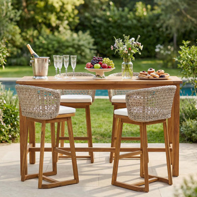 Tabourets de bar d'extérieur à hauteur de comptoir en bois d'acacia avec coussin et dossier en osier incurvé pour patio, bord de piscine, îlot de cuisine