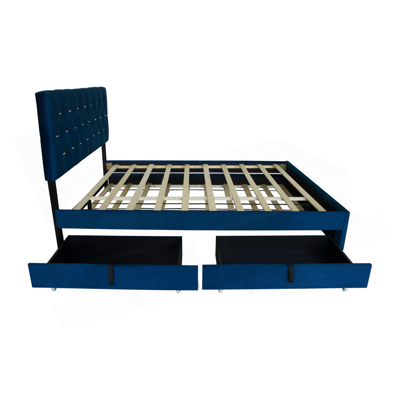 Grand lit moderne en velours avec lit gigogne double et 2 tiroirs de rangement - Bleu