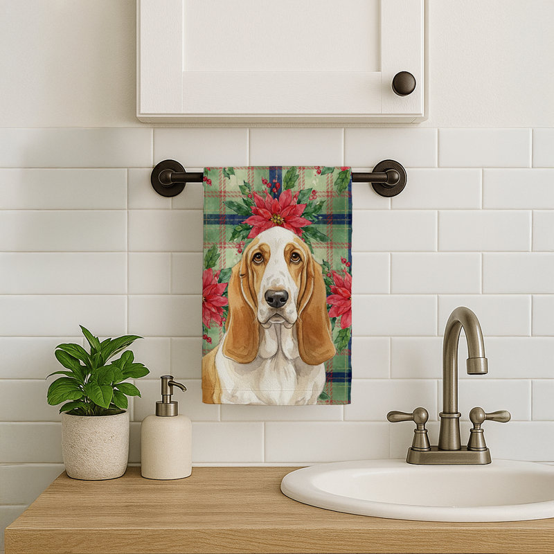 Lemon and White Basset Hound Christmas PoinsettIas Kitchen Towel, Lemon/White Basset Hound
