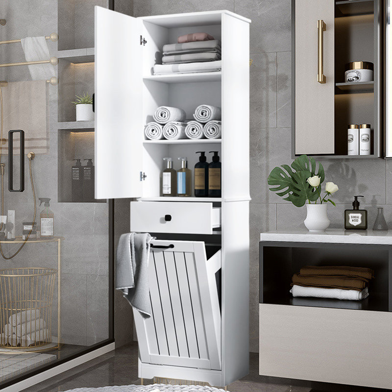 Armoire de buanderie avec portes et 1 tiroir, panier à linge inclinable, tablette réglable