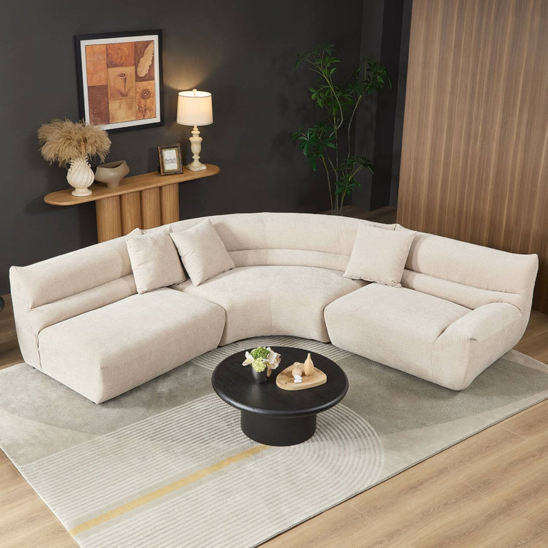 Canapé modulaire incurvé 135,83 po avec 3 coussins décoratifs, Oatmeal Polyester