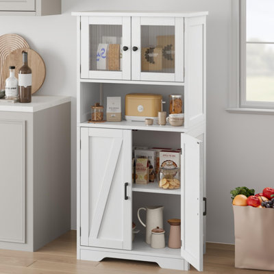 Armoire de rangement autoportante en lin avec portes en verre et tablettes réglables, armoire pour salle de bain, cuisine et salon