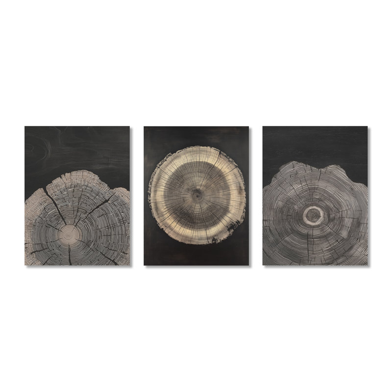 Spirale noire Rift sur glissade sur bois - arbres gris 3 panneaux muraux en métal, H 32 po x l 72 po