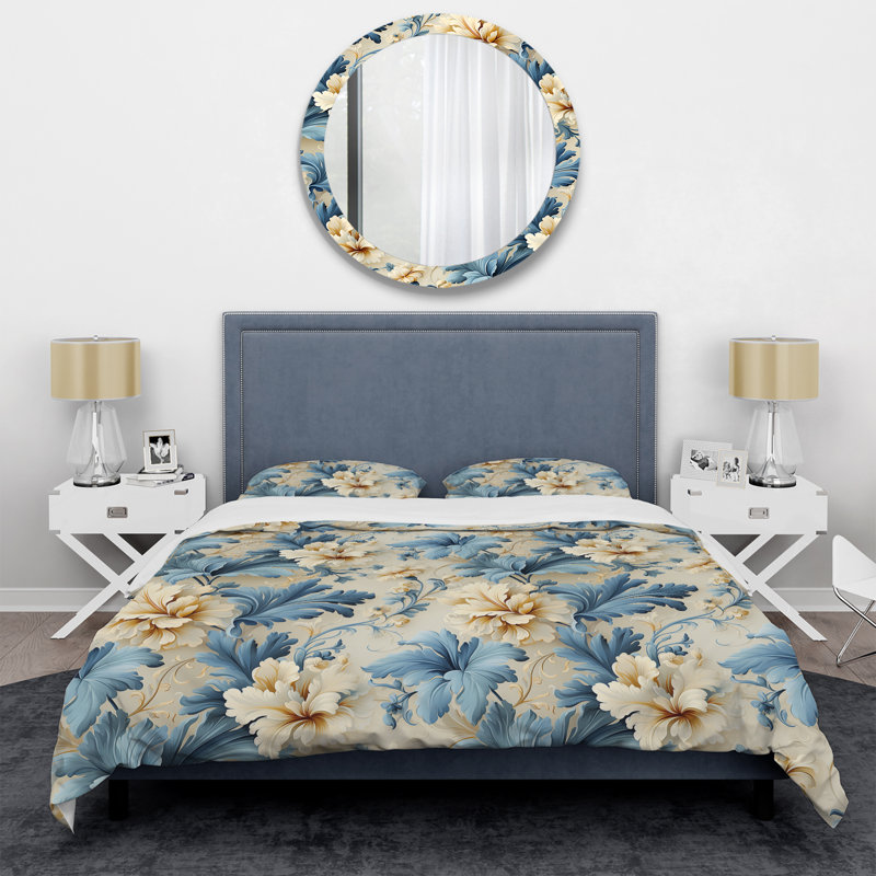 Ensemble de housse de couette en damas blanc et bleu, Housse de couette pour très grand lit et 2 très
