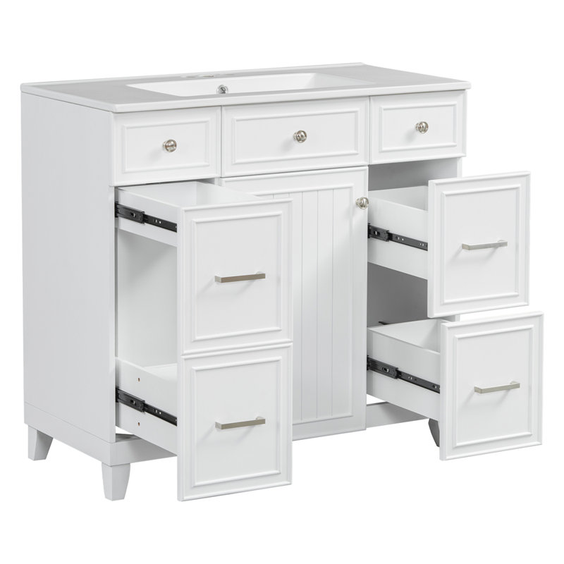 Meuble-lavabo 36 po avec lavabo en céramique, structure en bois massif, portes à fermeture douce, tablettes réglables, 3 tiroirs, y compris un tiroir à double profondeur pour le rangement du sèche-cheveux