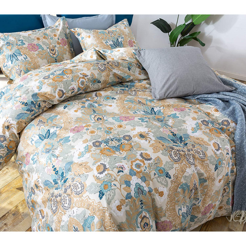 Boho Sateen Floral Duvet Cover, Queen Duvet Cover + 2 Queen Shams