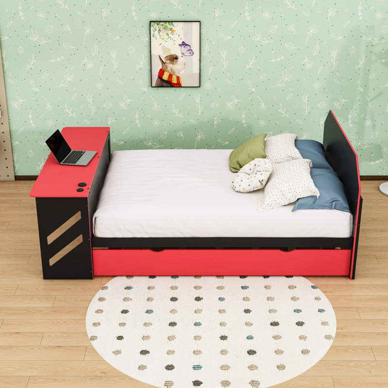 Full Wood Daybed with Twin Trundle, Desk and USB Port, Red
