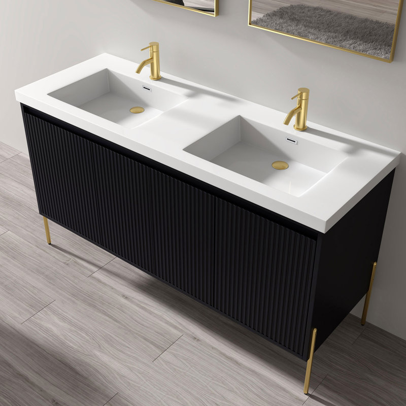 Raelynne 60.9'' Double Bathroom Vanity with Resin Top, White, Charcoal, Gold