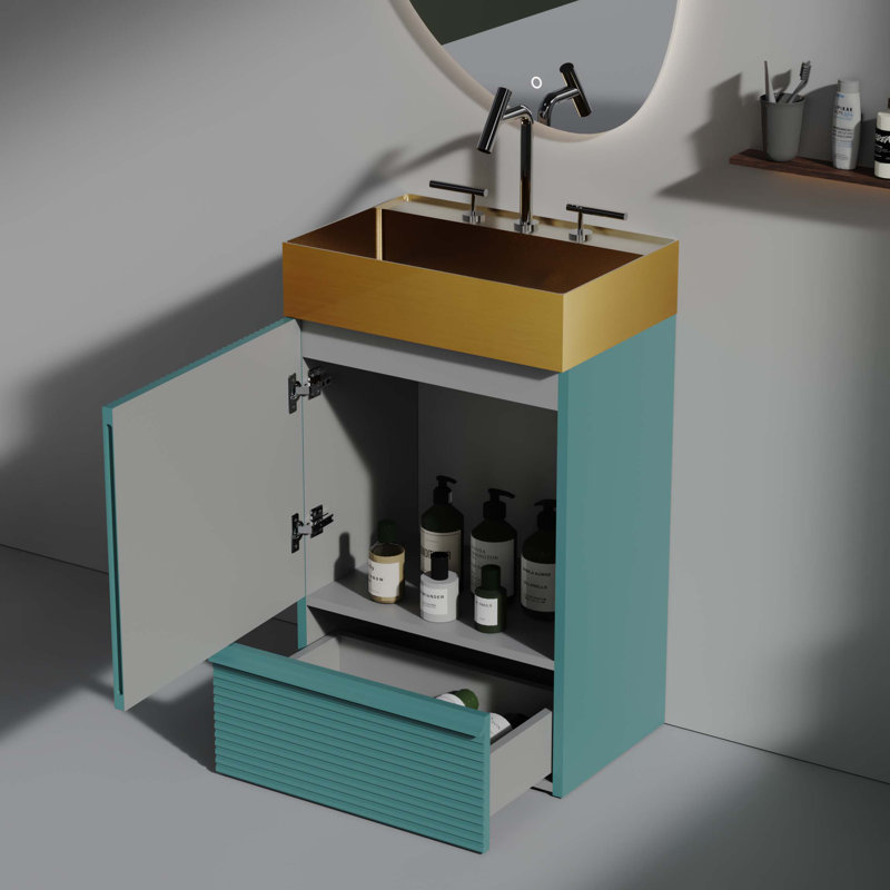 Armoire de salle de bain autoportante moderne avec lavabo intégré pour des salles de bain élégantes, Turquoise