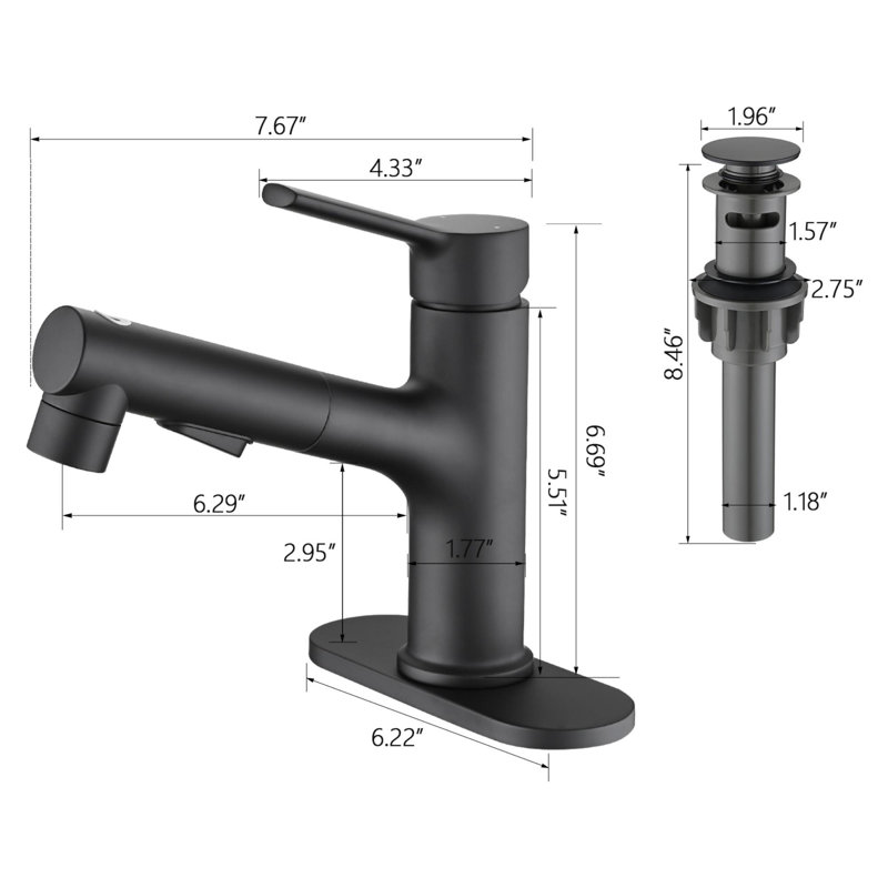 Single Handle Stainless Steel Bathroom Sink Faucet with Pull-Out Sprayer, Matte Black