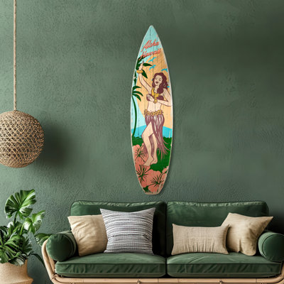 Kersh Aloha Hawaii Hula Girl Surfboard Plaque Wall Art Decor 60" x 15"