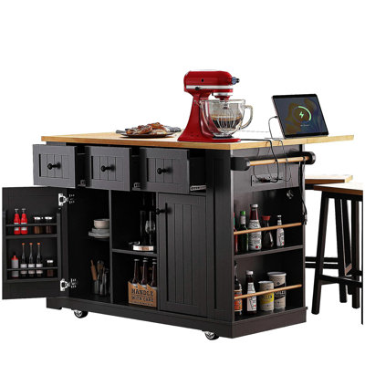 K&K 53inch Large Kitchen Island with 2 Bar Stools, Power Outlet,Door Internal Storage Rack, Kitchen Storage Cart on 5 Wheels with Drop Leaf, 5 Open Side Racks, 3 Drawers,Black (Three Packages)