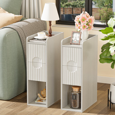 Space-Saving Narrow Nightstand with 2 Drawers and Open Storage