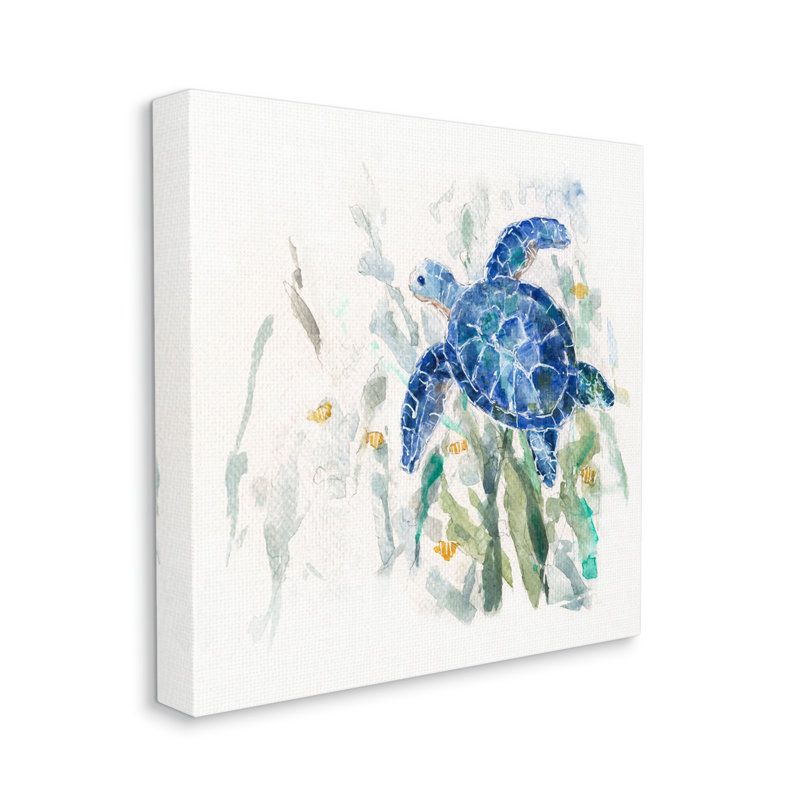Magnifique tortue de mer bleue nageant dans les plantes par Sally Swatland - Peinture, Toile tendue