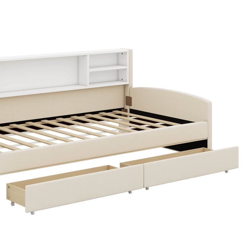 Lit plateforme simple tapissier avec tiroirs, Beige