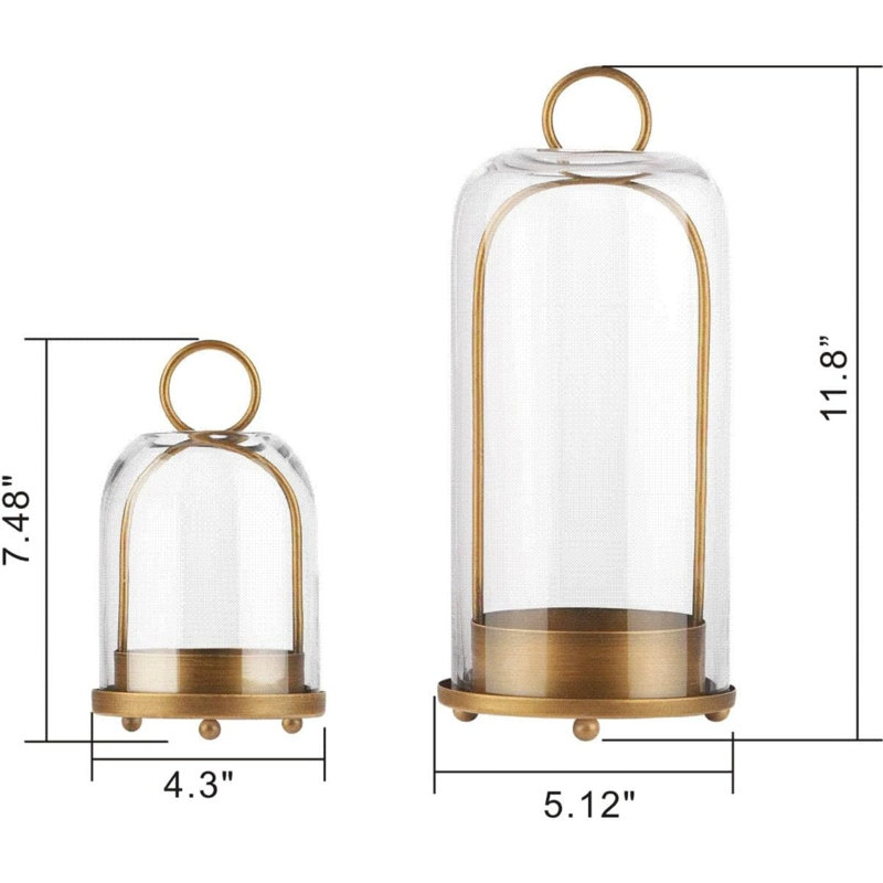 Bougeoir et cloche à plantes vintage en laiton avec cloche en verre, ensemble grand et petit (13 cm x 30 cm, 10 cm x 19 cm), supports de bougeoirs en métal pour lanterne à bougie pilier avec cloche en verre épais faite à la main, style industriel, décoration intérieure moderne
