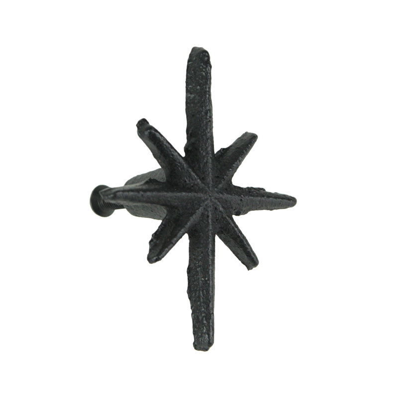 Antique black cast iron Mid-Century Modern starburst cabinet knobs and drawer pulls, set of 6 — 2.75" h x 2.25" w x 1.25" projection