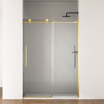 Porte de douche de 75 pouces de hauteur pour 50 ouvertures de 54 po de largeur, verre trempé transparent de 8 mm, double revêtement en nano, étanche, installation simple en bricolage, porte coulissante dorée brossée dans la salle de bain, 5/16 po, 8 mm facile