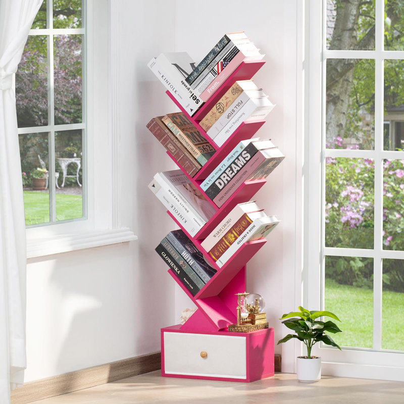 Bibliothèque à 8 niveaux avec tiroir, bibliothèque haute en bois avec conception anti-basculement, tablette de rangement peu encombrante pour la chambre à coucher, le salon et le bureau personnel
