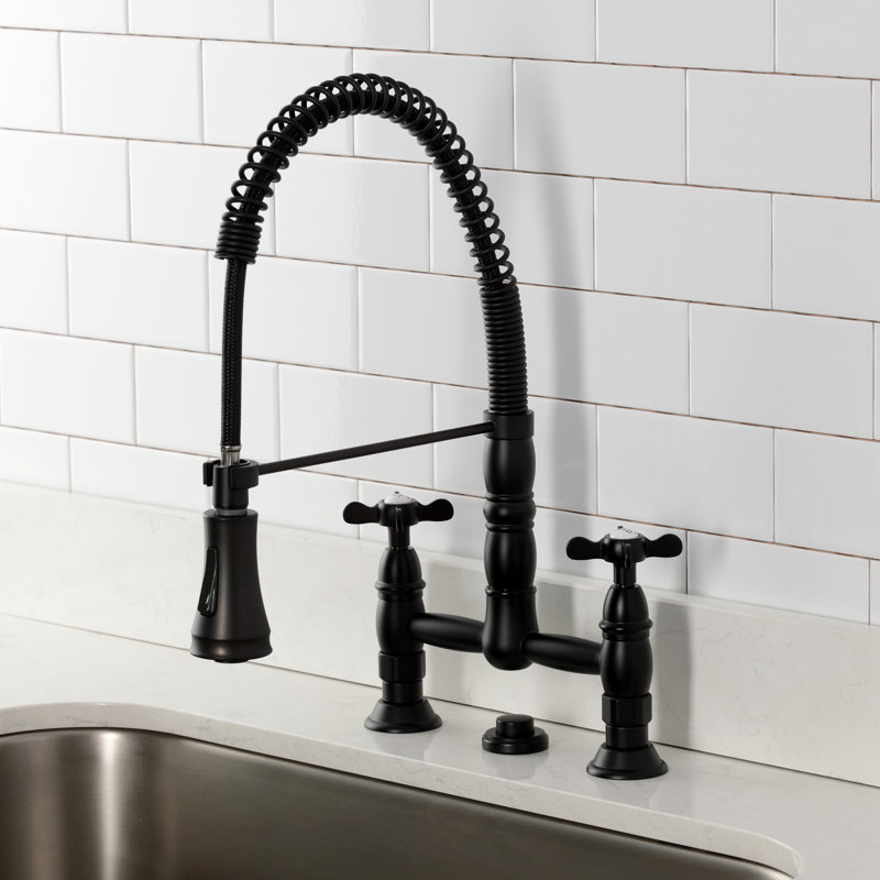Kingston Brass Essex Double-Handle 2-Hole Deck-Mount Pre-Rinse Bridge Kitchen Faucet, Matte Black