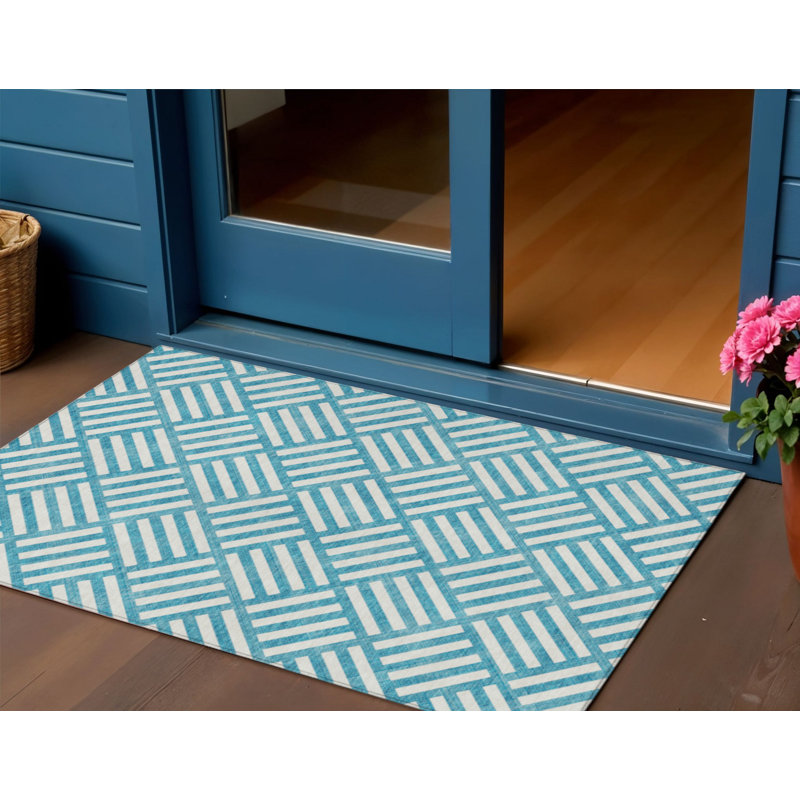 3' X 5' Teal Blue And Ivory Geometric Washable Indoor Outdoor Area Rug