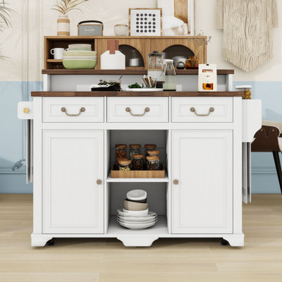 Rolling Kitchen Island with Storage, Adjustable Shelves, Power Outlet, 3 Drawers and Bar Counter