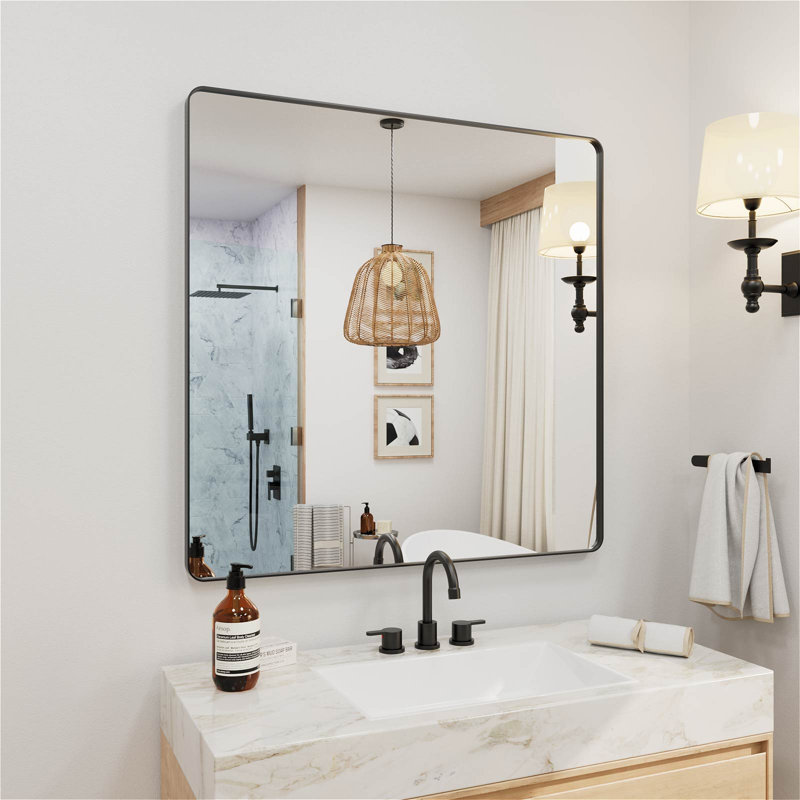 Miroir de salle de bain mural en verre trempé et supports en alliage d'aluminium, 36" x 36"