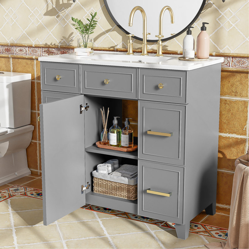 Meuble-lavabo 36 po avec lavabo en céramique gris, structure en bois massif, portes à fermeture en douceur, tablettes réglables, 3 tiroirs, y compris un tiroir à double profondeur pour le rangement du sèche-cheveux