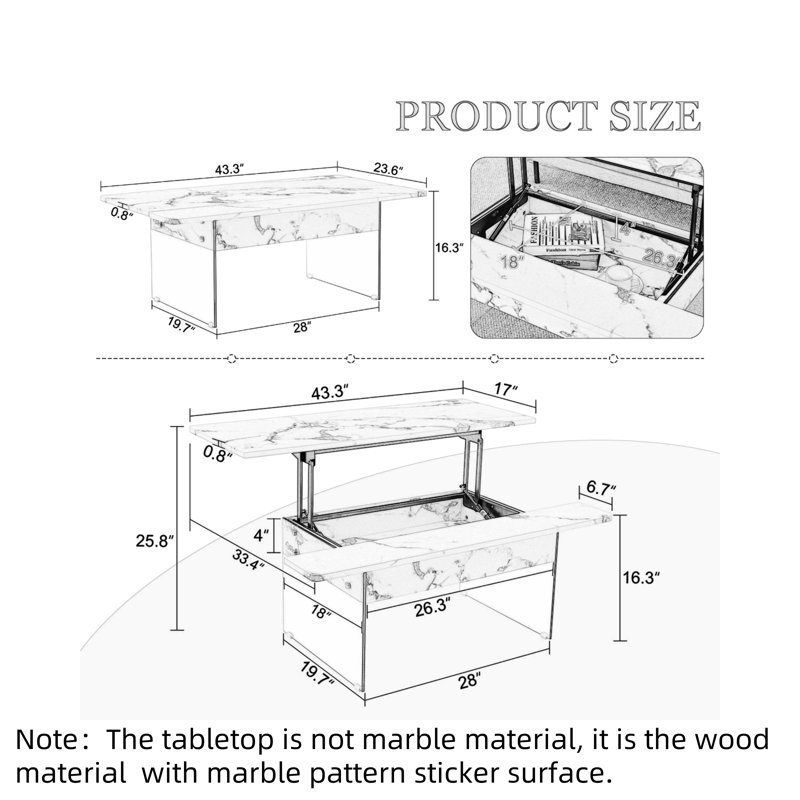 Table basse multifonctionnelle à plateau relevable, Blanc