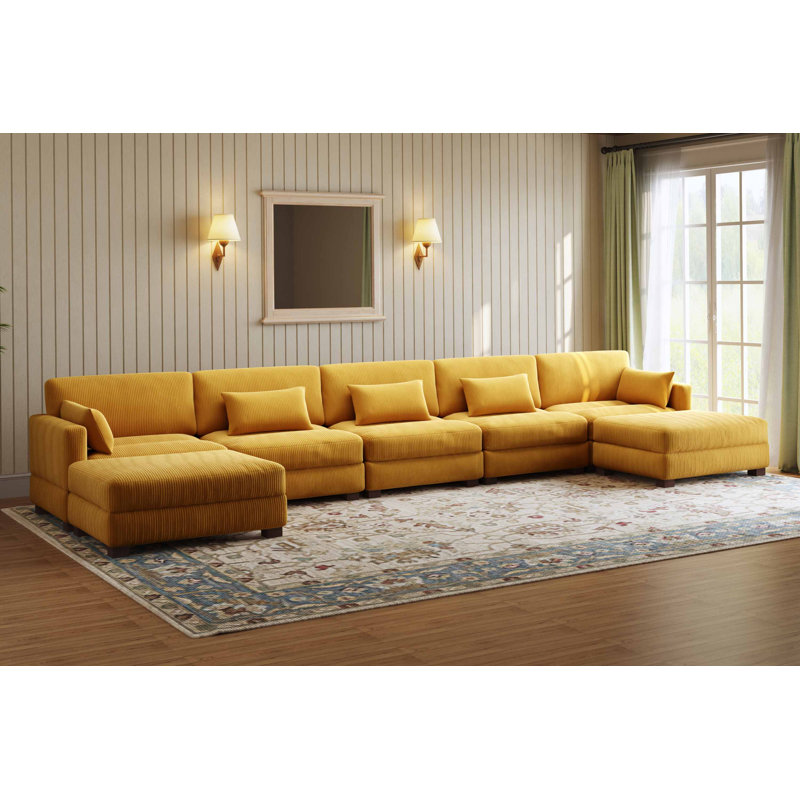 Maelina 7 - Piece Upholstered Orange Corduroy Modular Sectional Sofa with Pillow Back and Removable Ottoman, Orange Corduroy