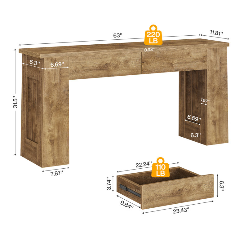 63" W x 11.8" D Console Table with 2 Drawers, Long Entryway Table for Living Room, Modern Light Brown Narrow Sofa Table