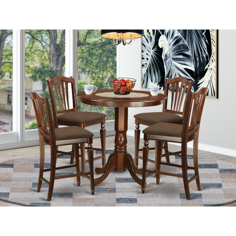 5 Piece Counter Height Dining Table Set Includes a Round Kitchen Table with Pedestal and 4 Linen Fabric Upholstered Dining Chairs, 36x36 Inch, Mahogany